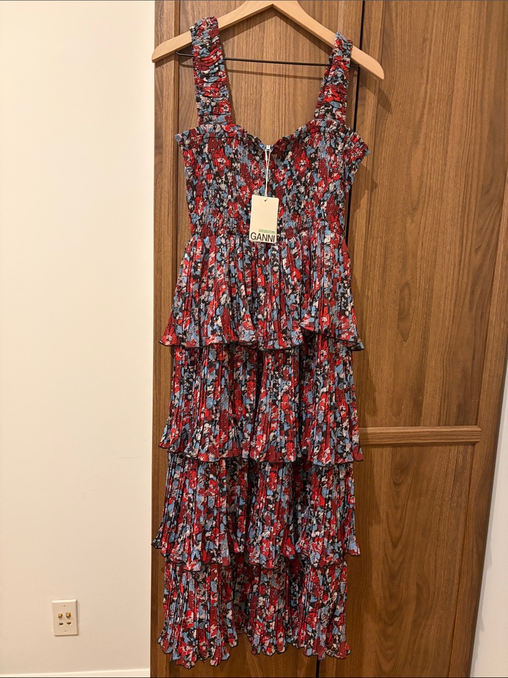 Ganni Red and Blue Floral Tiered Midi Dress